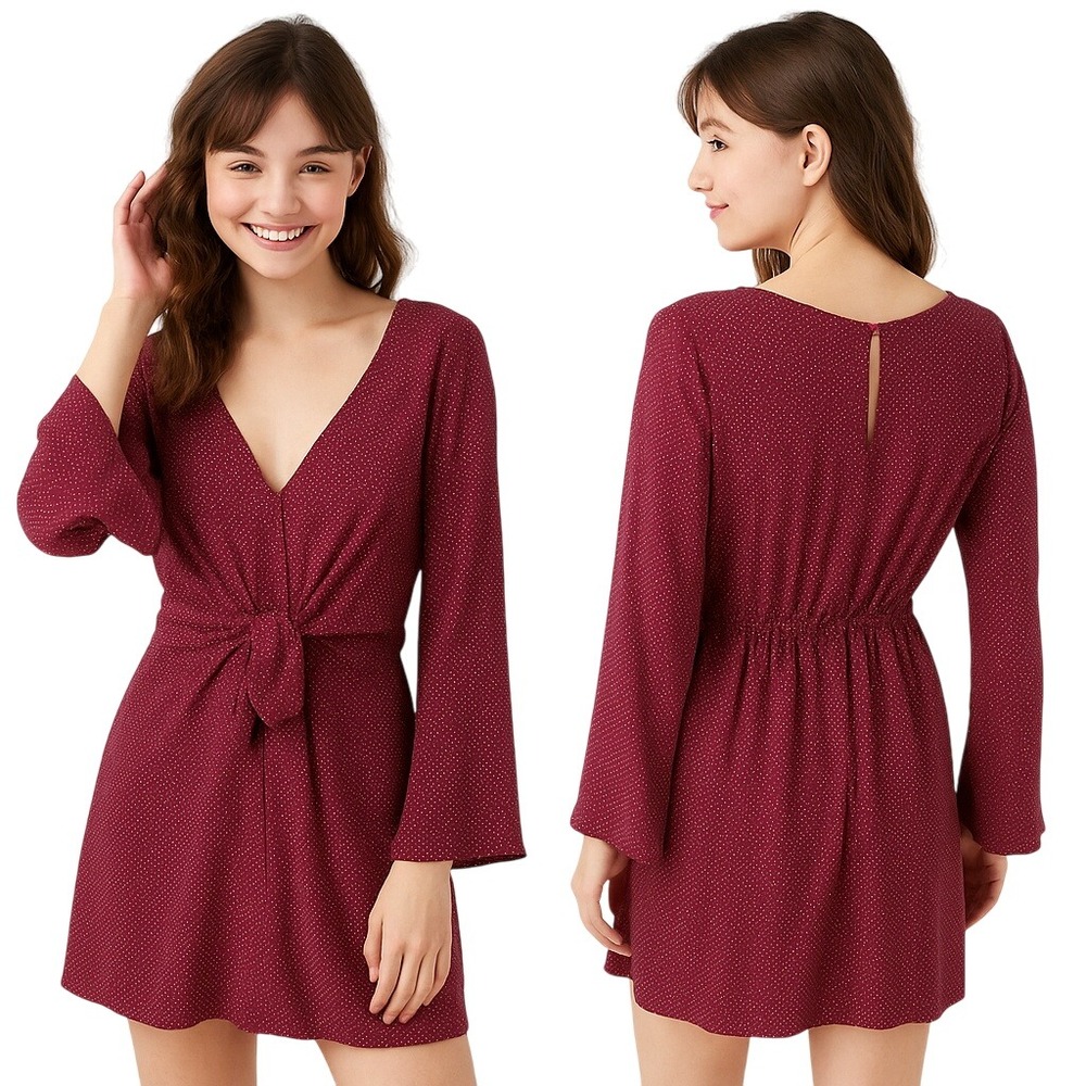 Le Lis Mini Dress Size L‎ Burgundy White Polka Dot V-Neck Tie Front Flared Boho